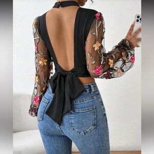 Elegant Sheer Floral Embroidered Backless Top